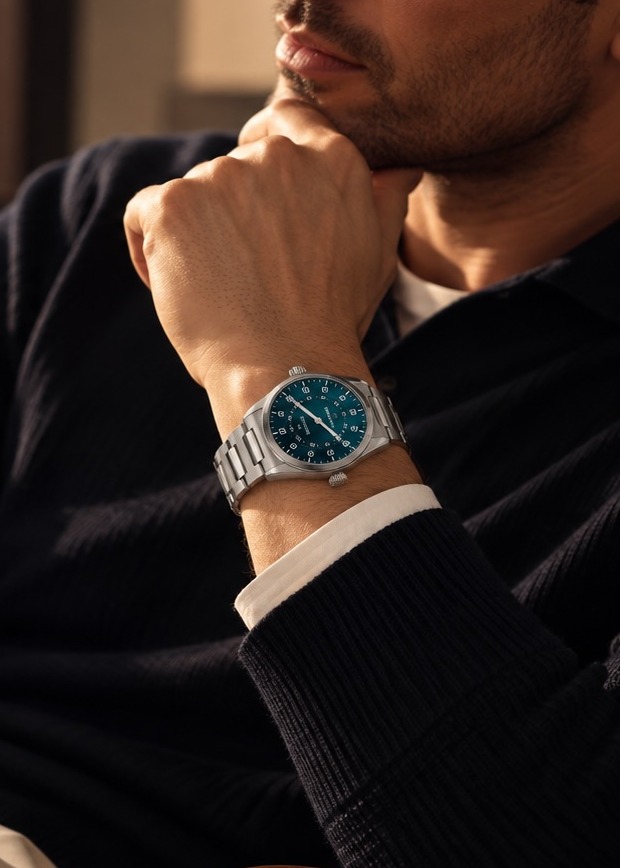 MeisterSinger Einzeigeruhr mit blauem Zifferblatt und Metallarmband am Handgelenk eines sitzenden Mannes