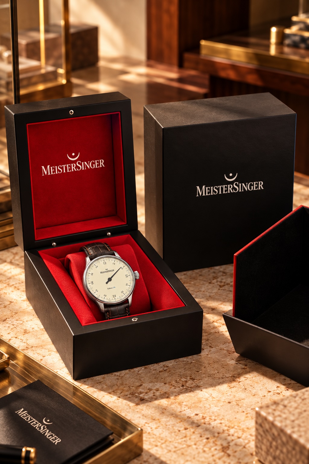 MeisterSinger Edition 24h mit cremefarbenem Zifferblatt und braunem Lederarmband auf rotem Samtkissen in einer geöffneten schwarzen Uhrenschatulle