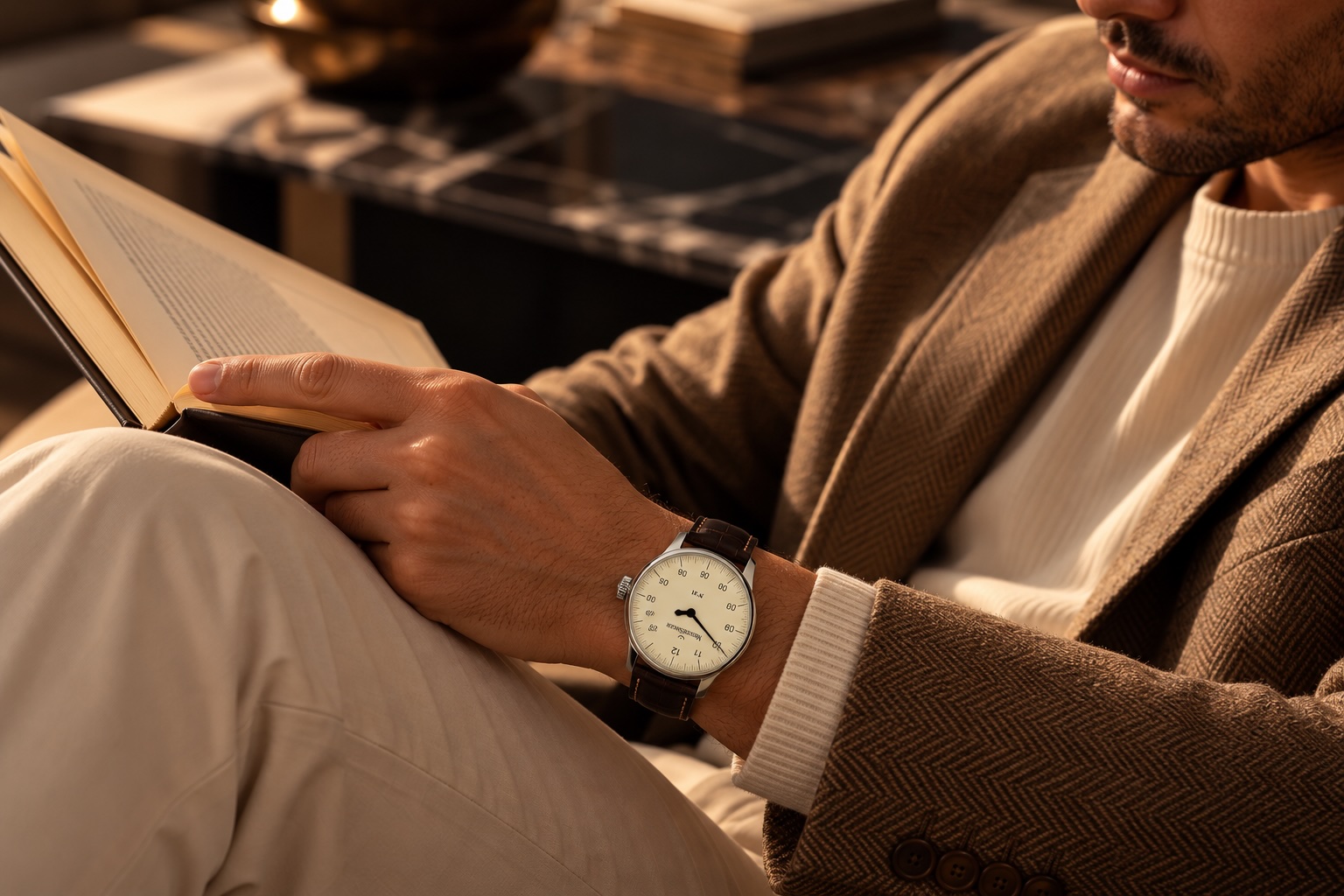 MeisterSinger N° 01 am Handgelenk eines Mannes, der ein Buch liest