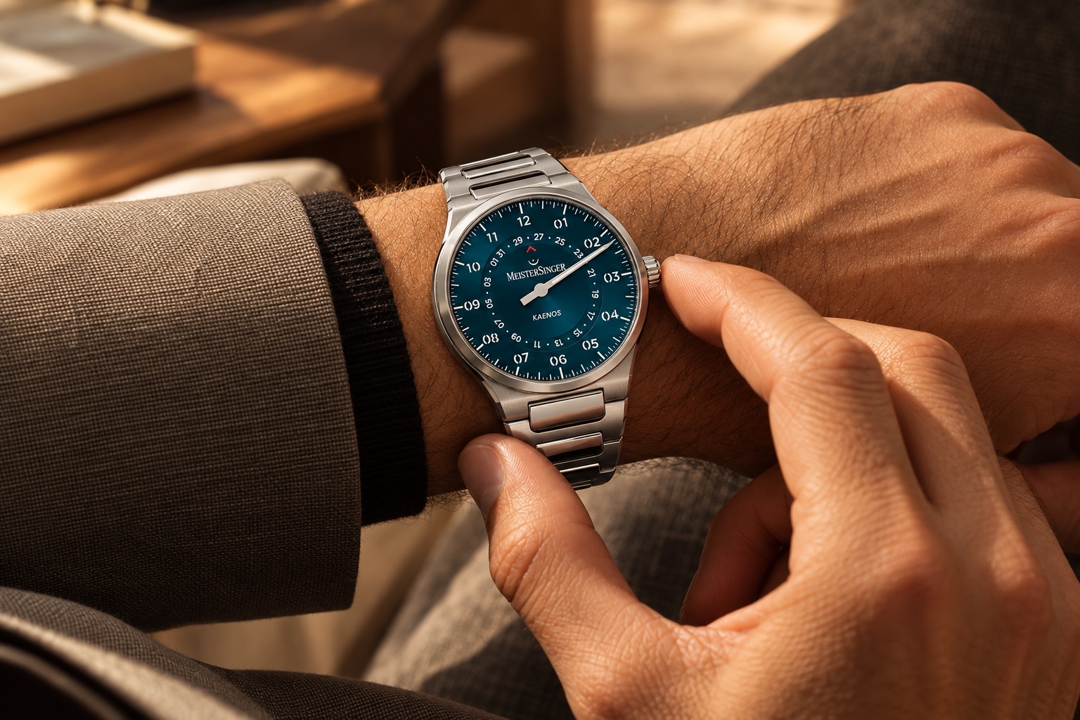 MeisterSinger Kaenos mit blauem Zifferblatt am Handgelenk
