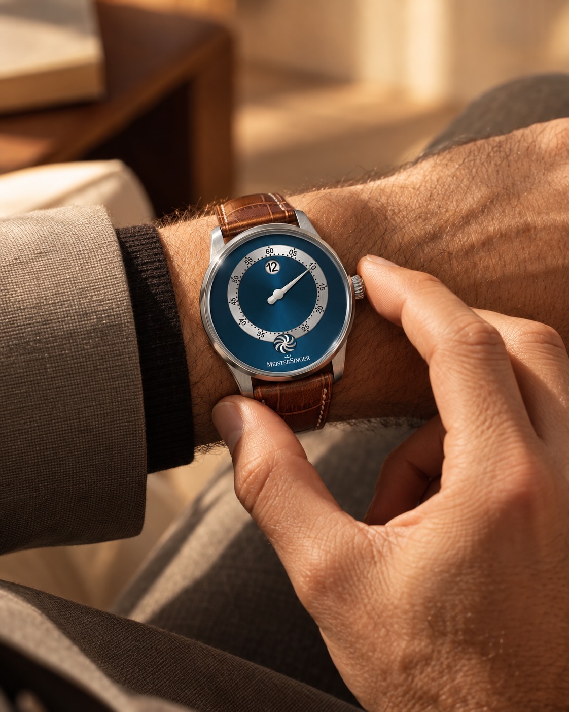 Elegante MeisterSinger Einzeigeruhr mit blauem Zifferblatt und braunem Lederarmband am Handgelenk