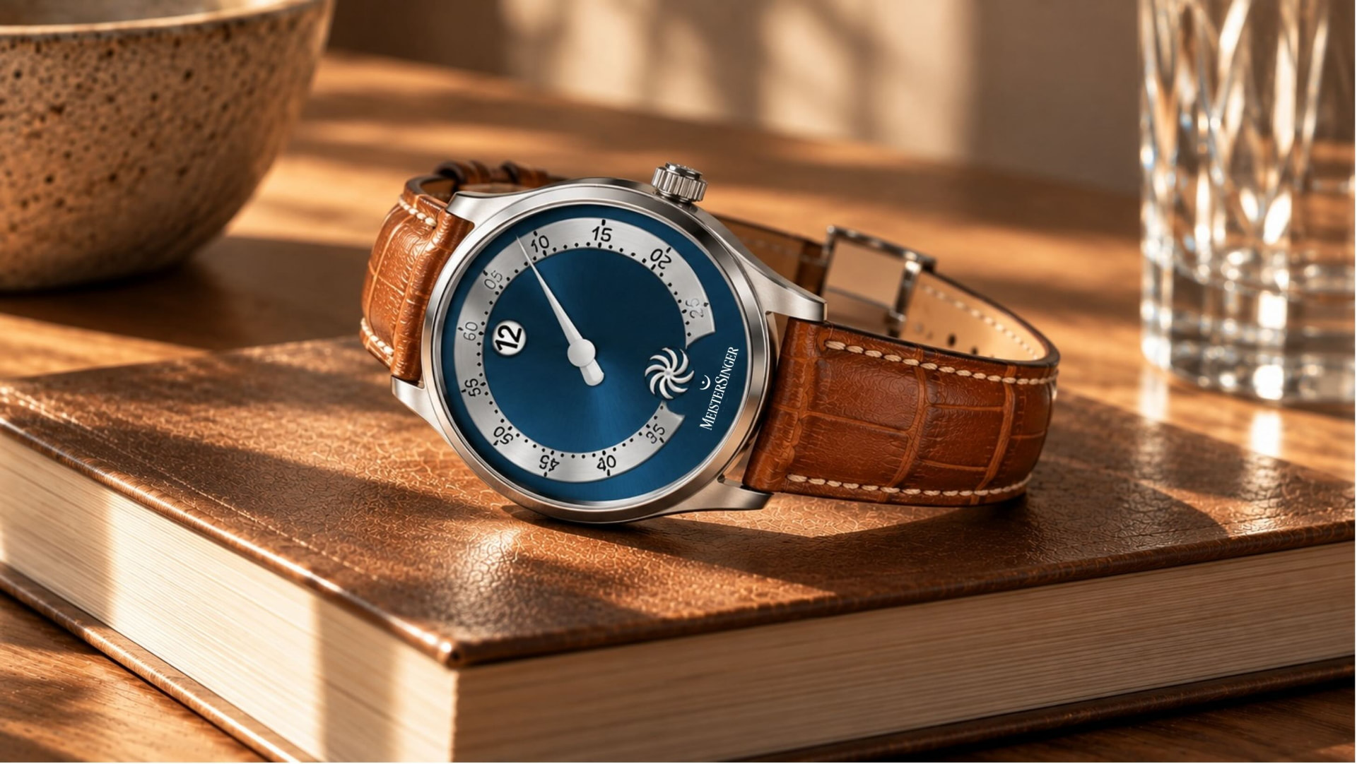 MeisterSinger Panthero Jumping Hour mit blauem Zifferblatt und braunem Lederband auf einem Lederbuch in warmem Sonnenlicht