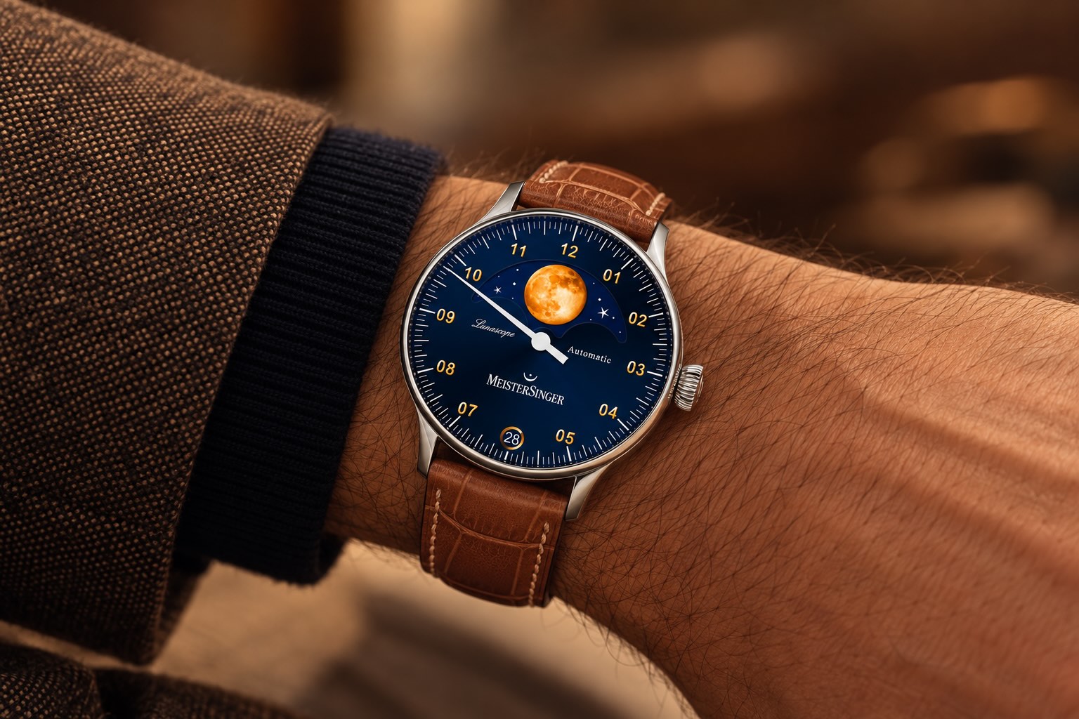 MeisterSinger Lunascope am Handgelenk mit Mondphase