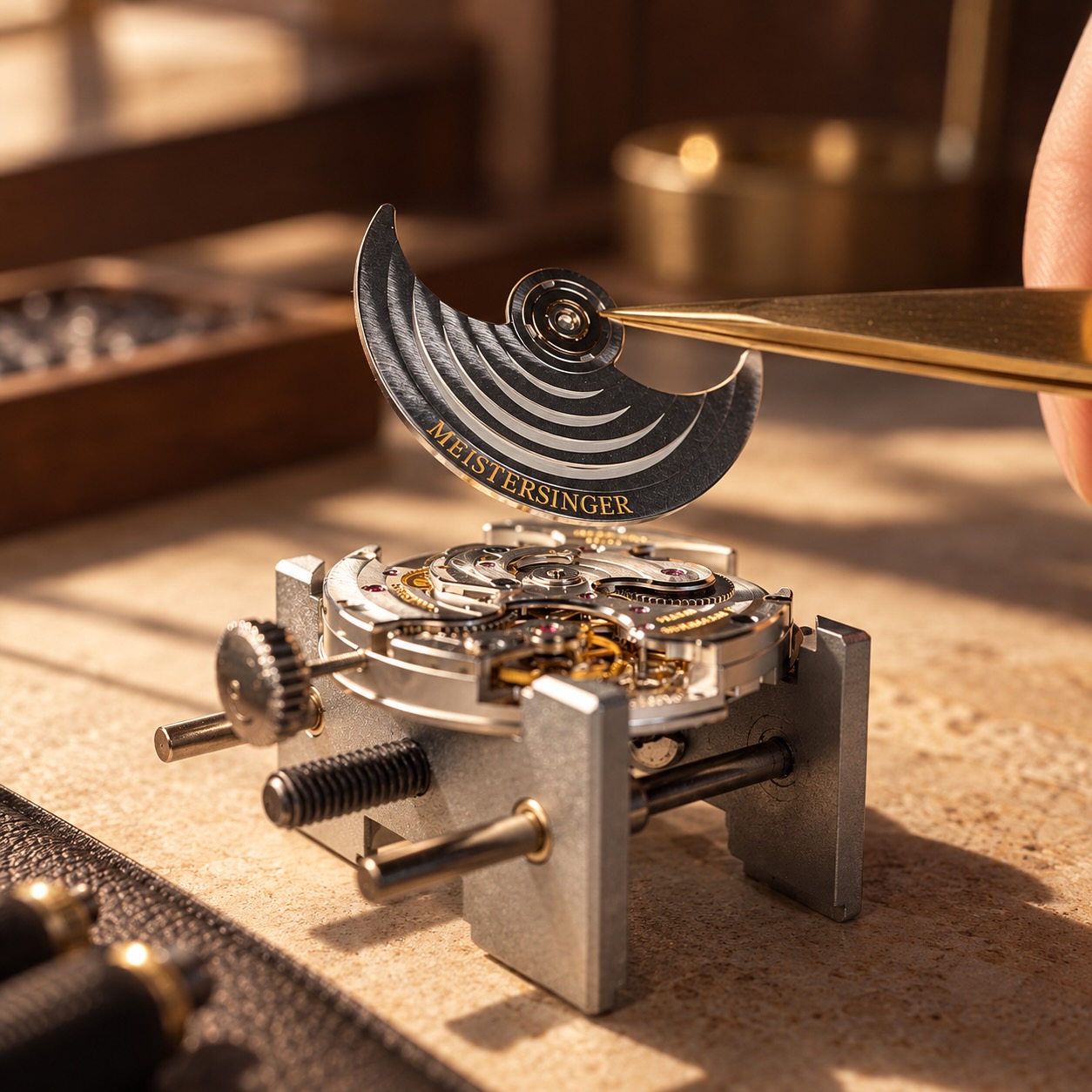 MeisterSinger Uhrmacherhand mit Pinzette über einem offenen mechanischen Uhrwerk auf der Werkbank